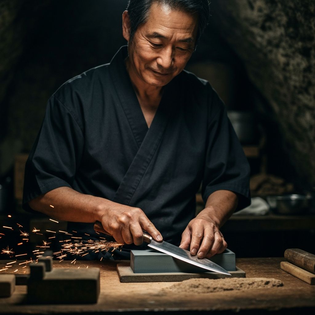 Мастер затачивает нож на точильном камне